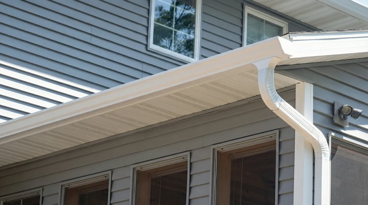 Professional home remodeling project showing newly installed white seamless gutters and downspouts on a house with gray siding in Denver, CO