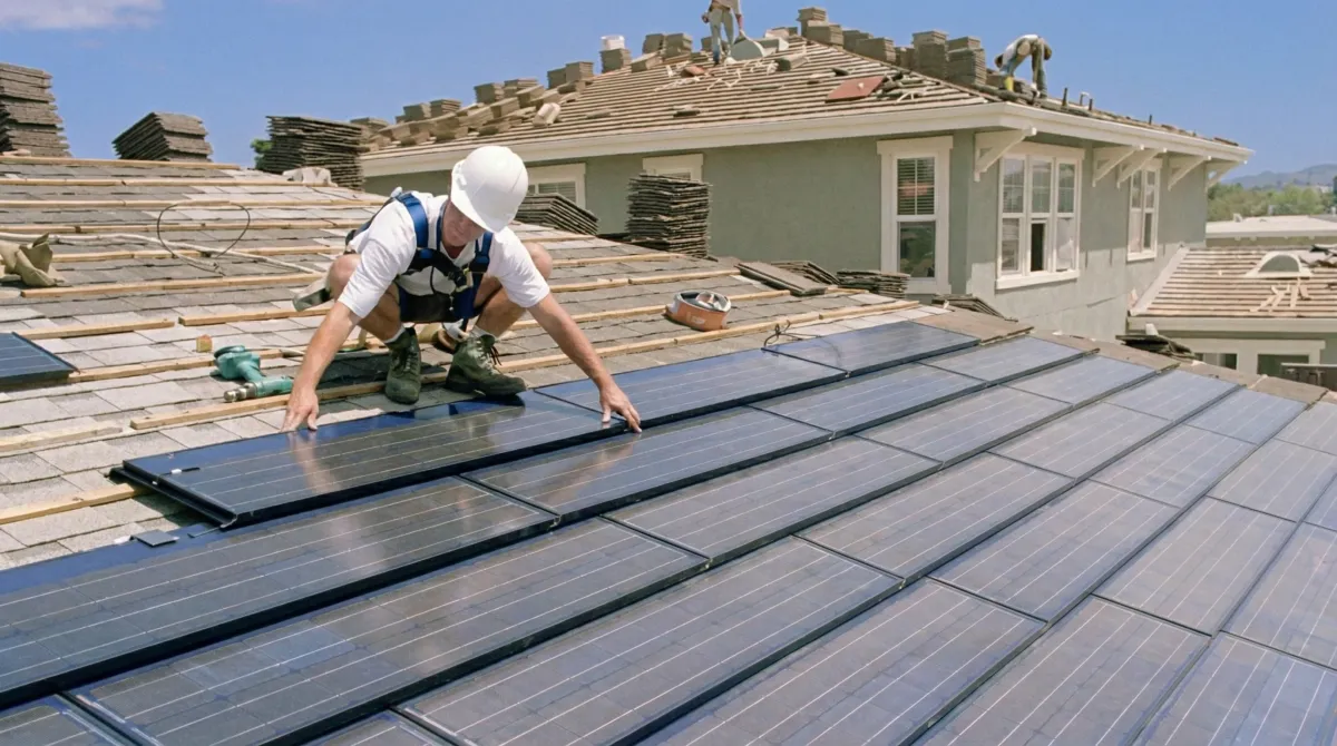 Roof replacement expert installing modern solar shingles on a residential home in Denver, CO