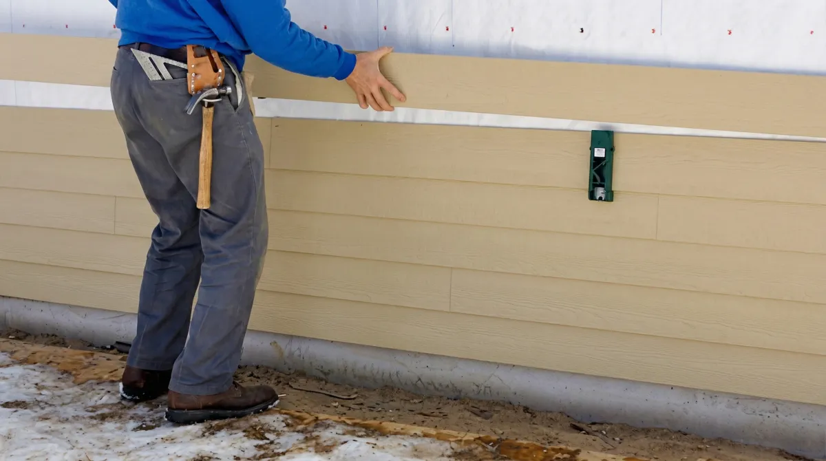 Siding replacement expert carefully aligning a new tan siding panel onto a residential exterior wall in Denver, CO