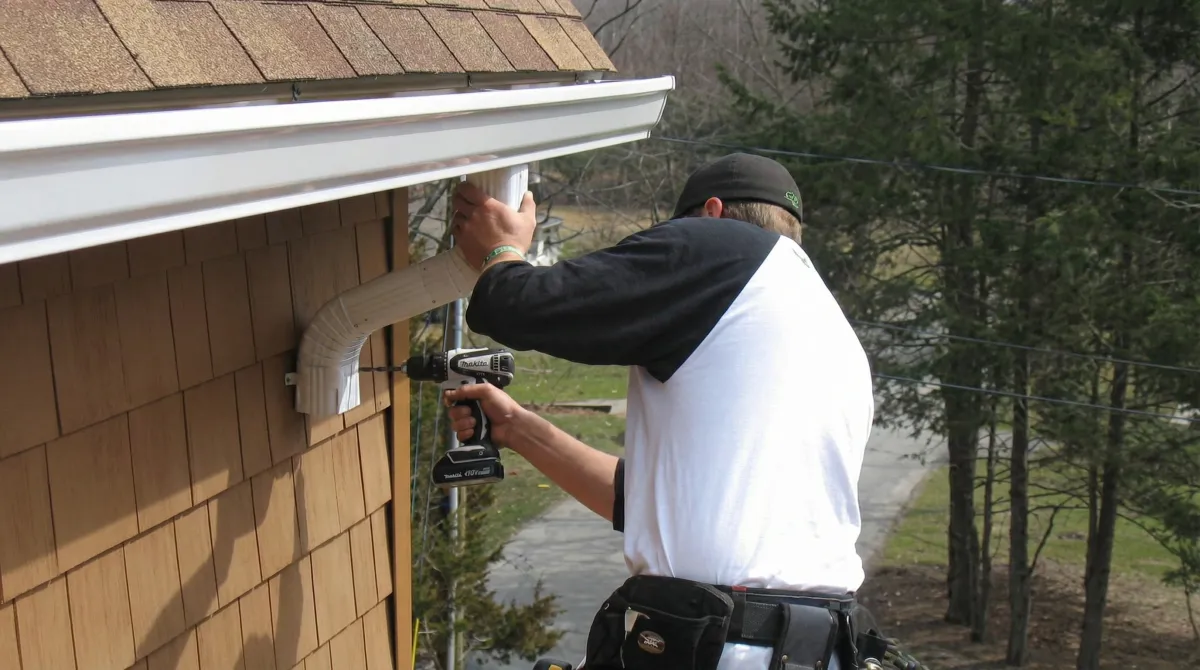 Professional contractor installing tan vinyl siding panels on a residential home exterior in Denver, CO