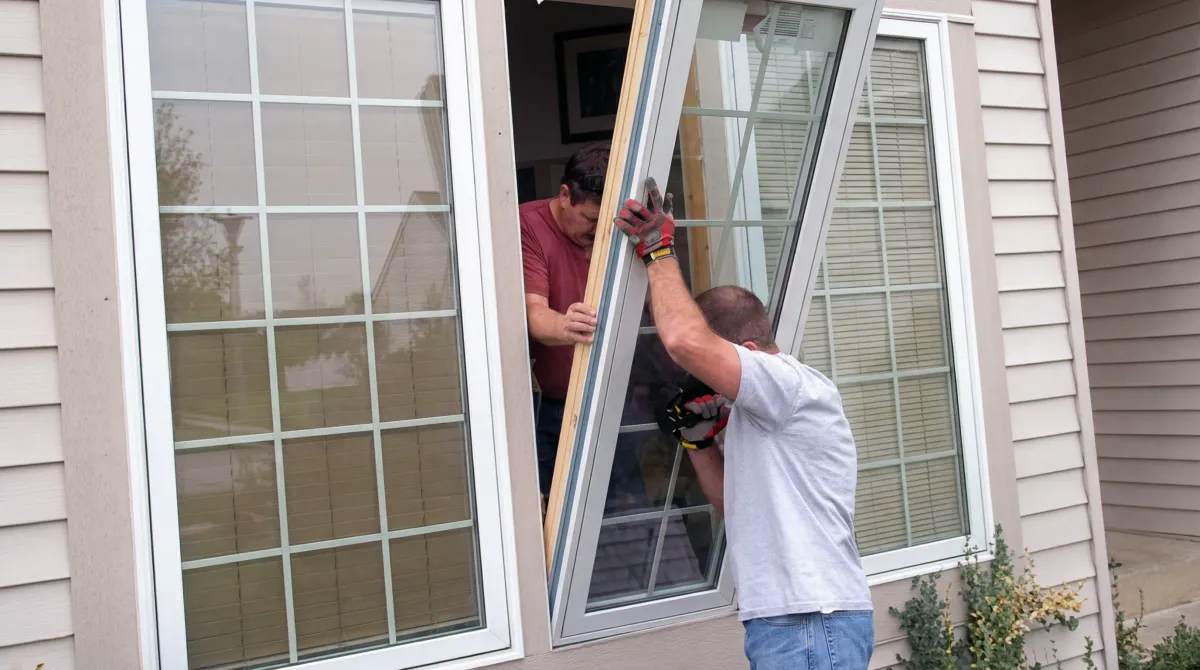 Professional home remodeling team installing a large replacement window on a house with tan siding in Denver, CO